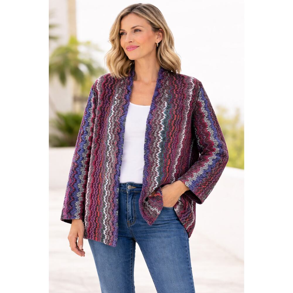 Graff Vintage Multicolor Zig Zag Knit Jacket Coat 16 Boho Retro Pockets